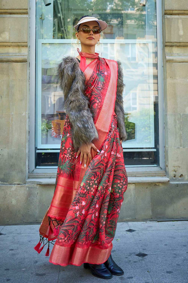 Red Printed Satin Organza Saree