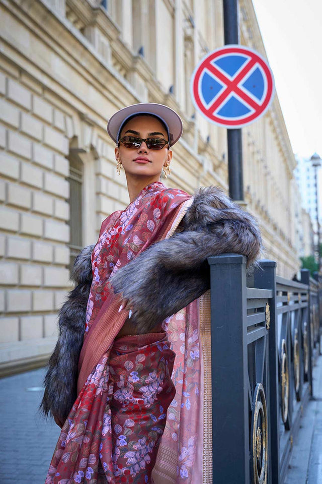 Purple Printed Satin Organza Saree