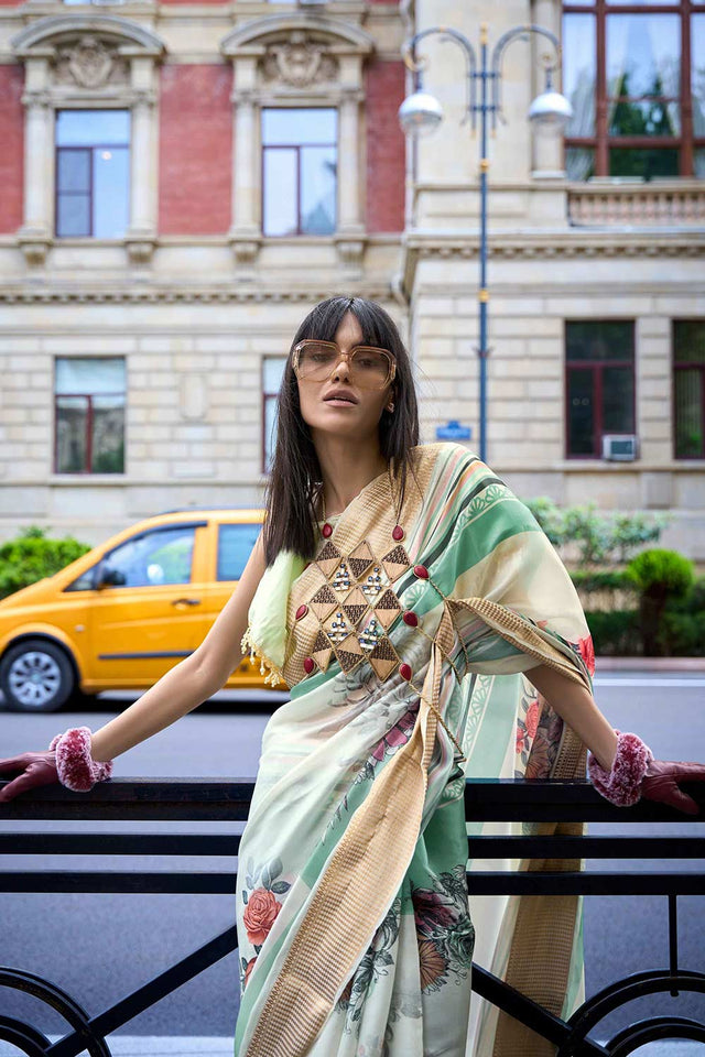 Cream Printed Satin Organza Saree