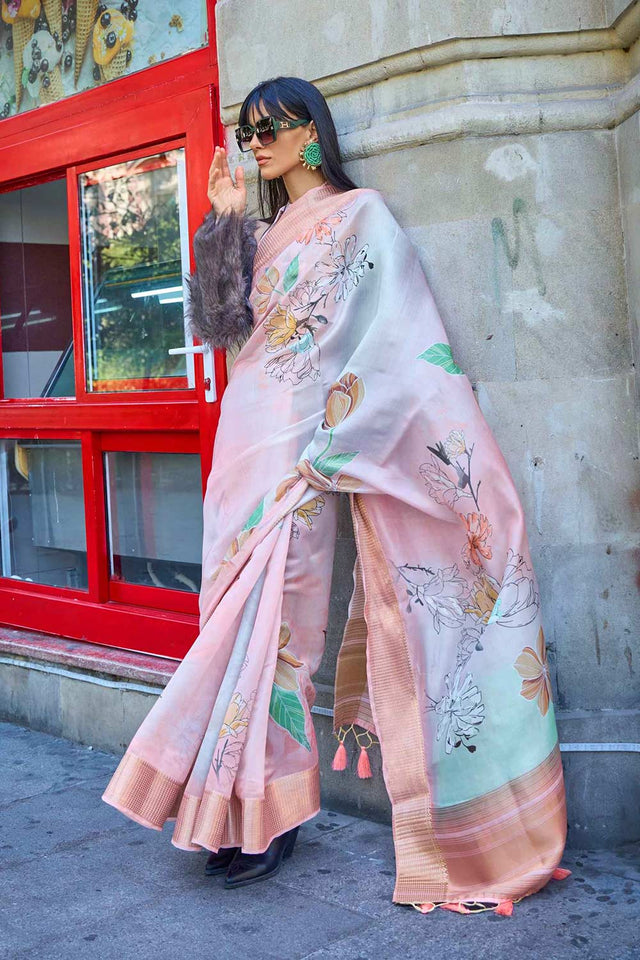 Light Pink Printed Satin Organza Saree
