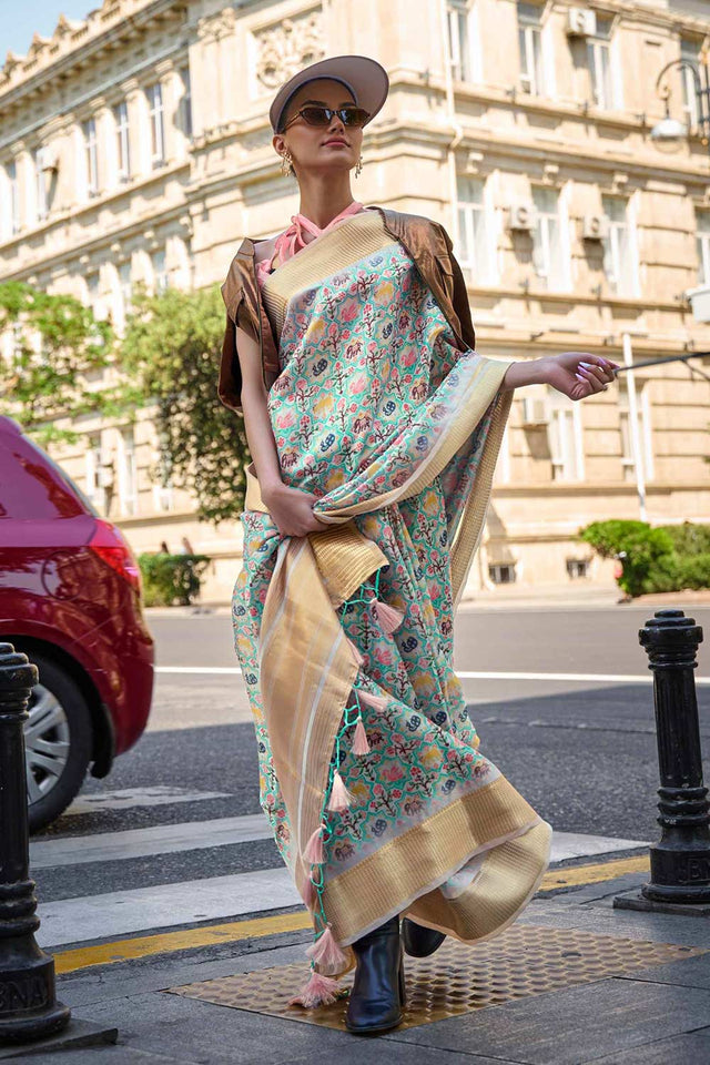 Cream Printed Satin Organza Saree