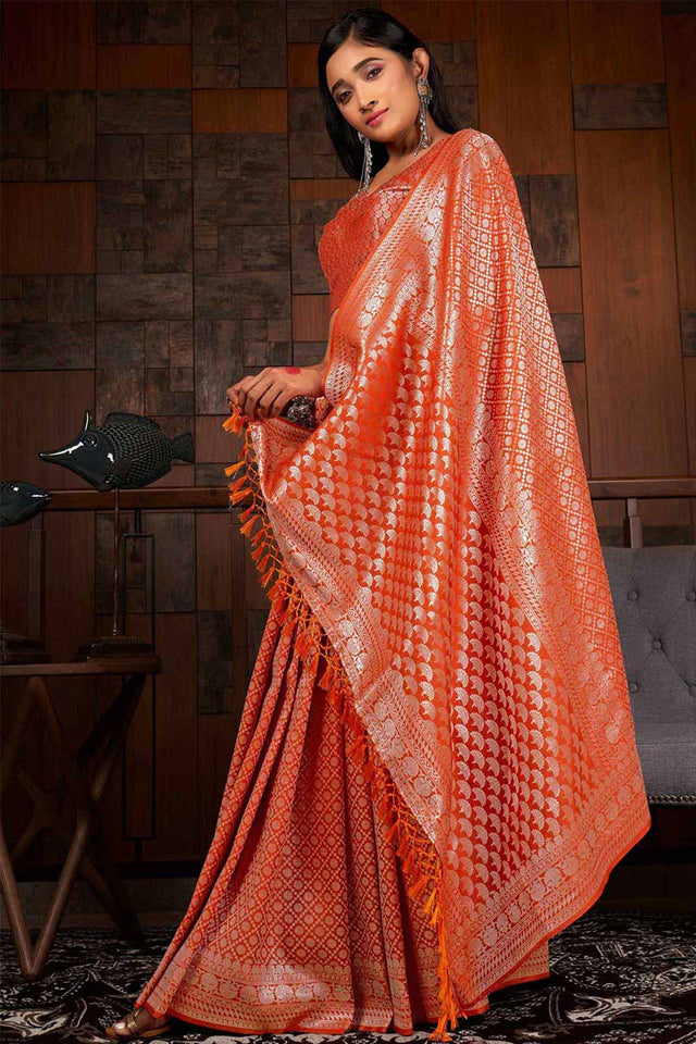 Orange Kanchipuram Raw Silk Woven Saree ('337)