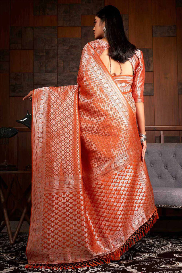 Orange Kanchipuram Raw Silk Woven Saree ('337)