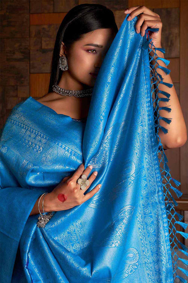 Blue Kanchipuram Raw Silk Woven Saree