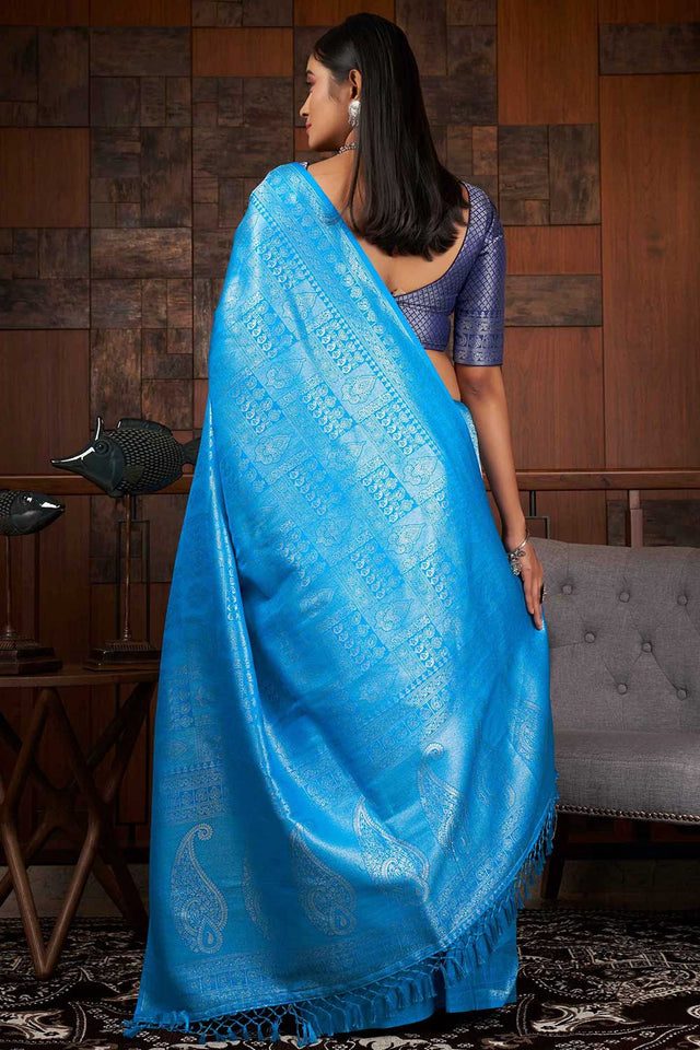 Blue Kanchipuram Raw Silk Woven Saree