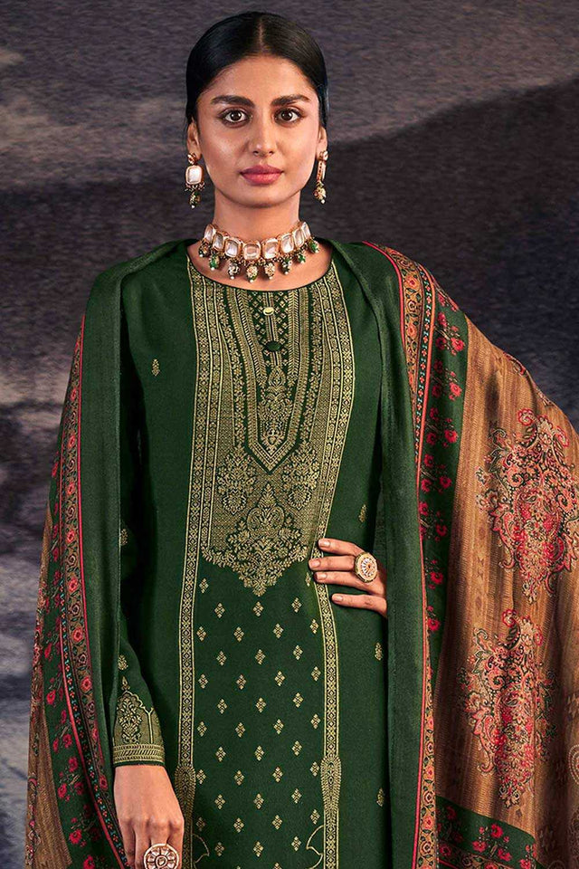 Buy Green Pashmina Jacquard Dress Material Online - Side