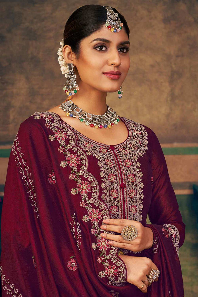 Maroon Pure Silk Embroidered Straight Cut Suit Set