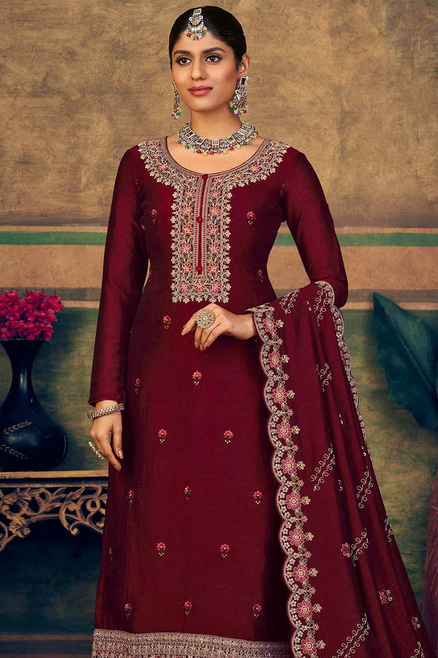 Maroon Pure Silk Embroidered Straight Cut Suit Set