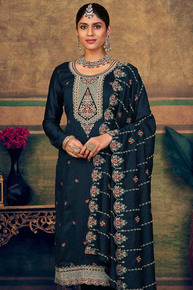 Navy Blue Pure Silk Embroidered Straight Cut Suit Set