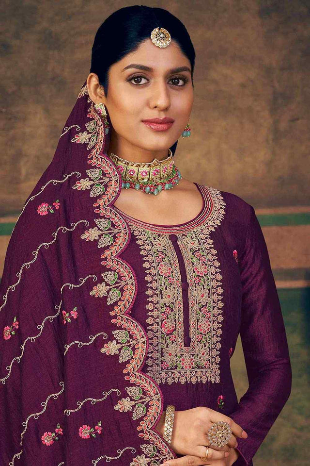 Burgundy Pure Silk Embroidered Straight Cut Suit Set