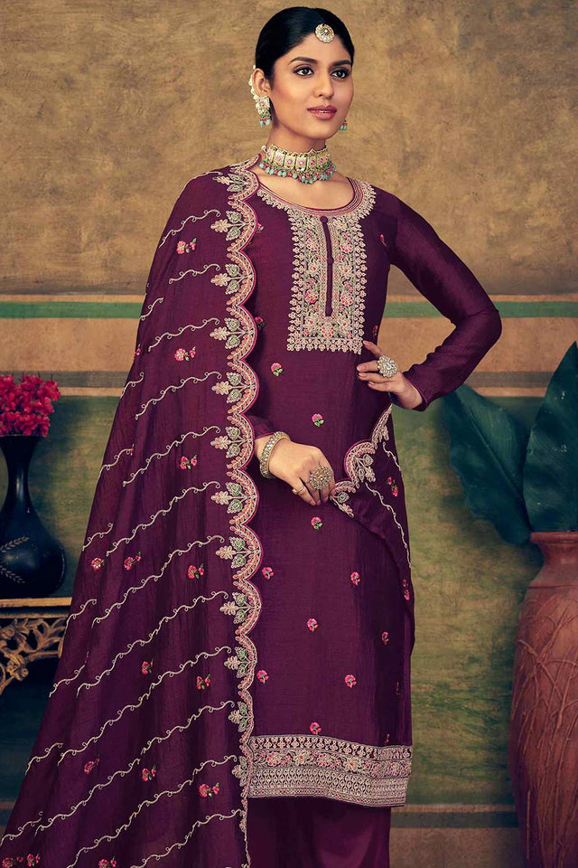 Burgundy Pure Silk Embroidered Straight Cut Suit Set