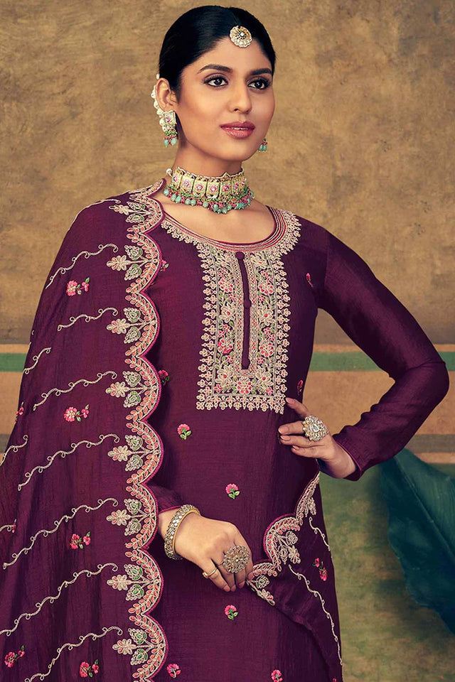 Burgundy Pure Silk Embroidered Straight Cut Suit Set
