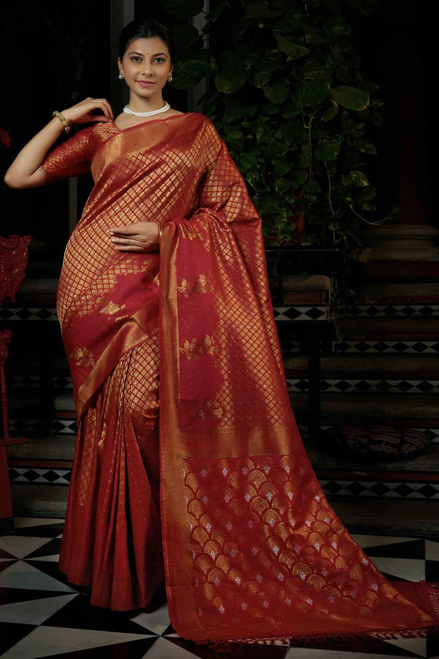 Red Art Silk Woven Saree ('399)