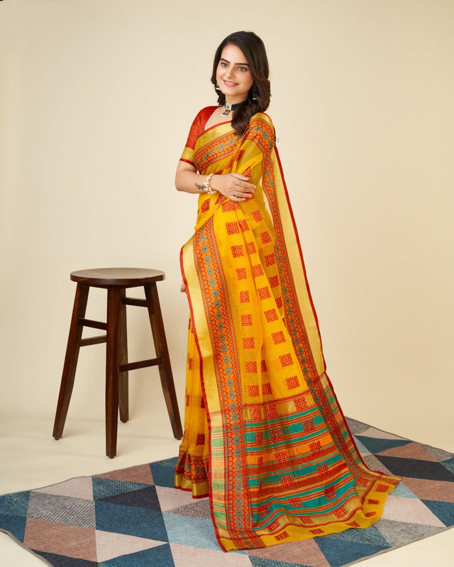 Yellow Semi Cotton Doriya Saree