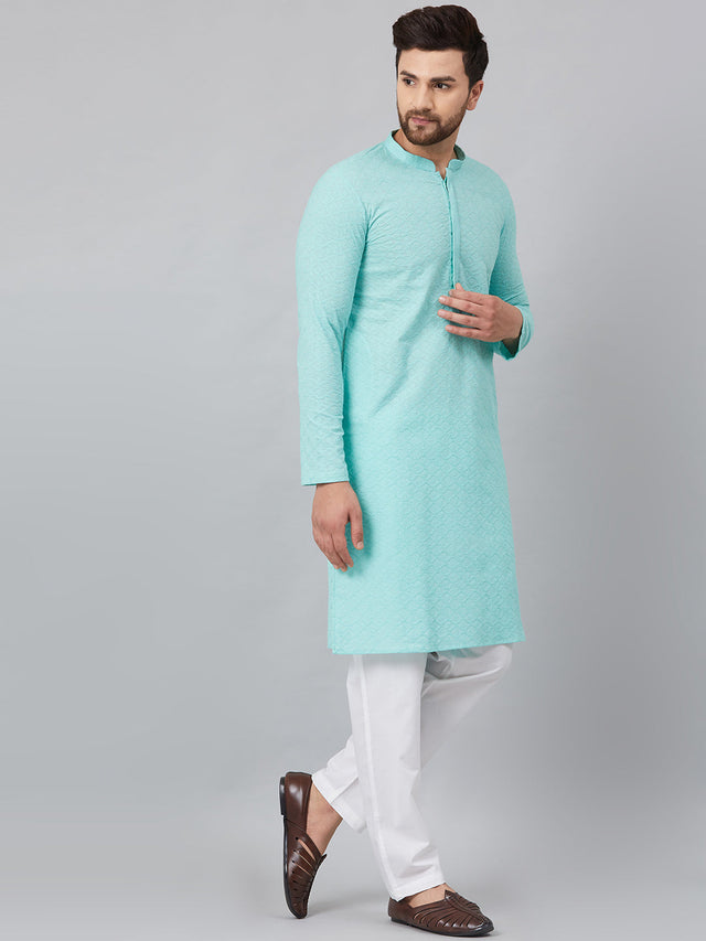 Buy Men's Lime Green Cotton Chikankari Embroidered Straight Kurta Online - Side
