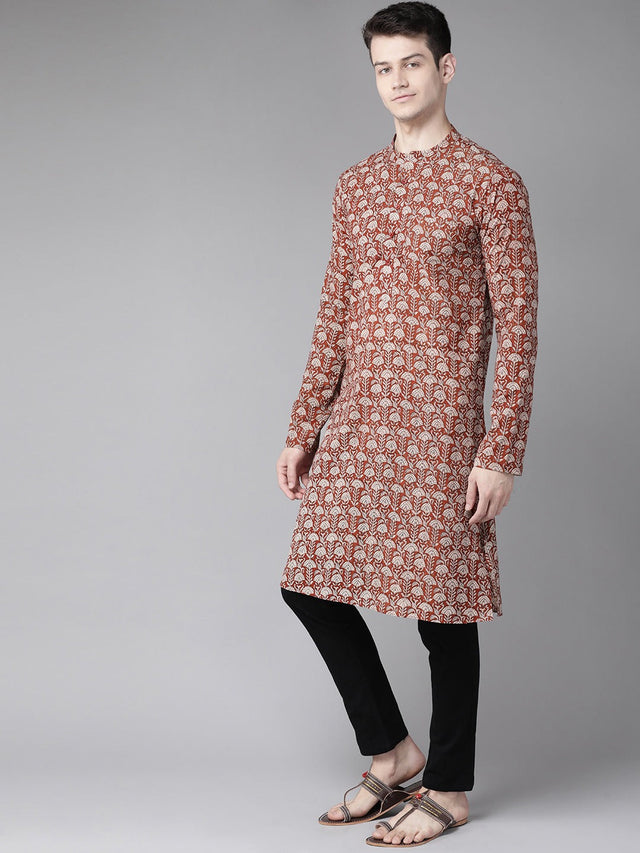 Buy Men's Maroon Cotton Hand Block Print Straight Kurta Online - Front