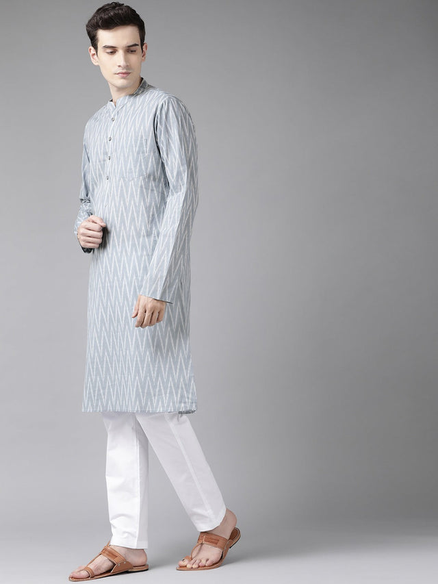 Buy Men's Grey Cotton Abstract Print Straight Kurta Online - Front