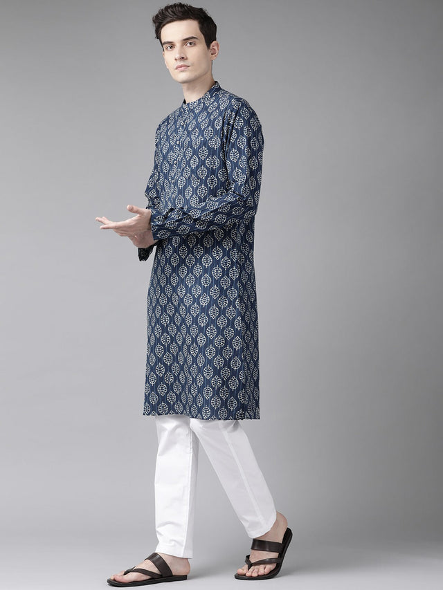 Buy Men's Blue Cotton Printed Straight Kurta Online - Front