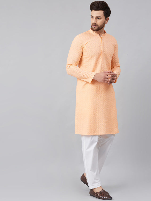 Buy Men's Peach Cotton Chikankari Embroidered Kurta Pajama Set Online - Zoom In