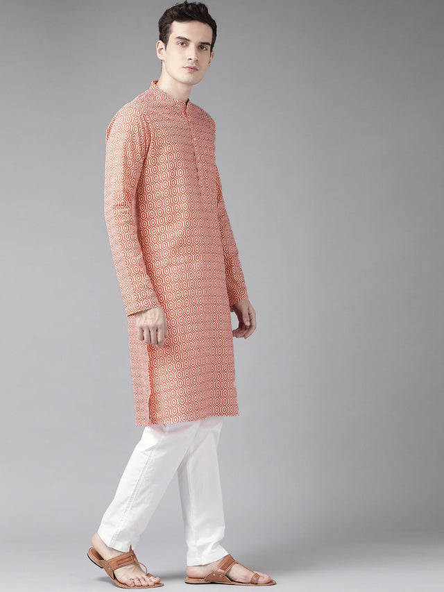 Buy Men's Peach Cotton Geometric Printed Straight Kurta Online - Front