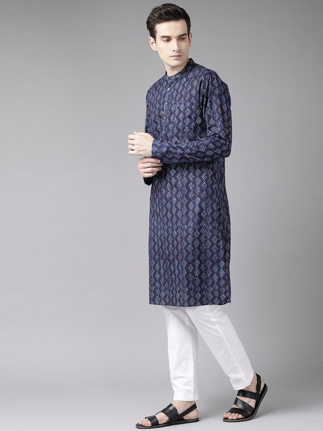 Buy Men's Blue Cotton Printed Straight Kurta Online - Front