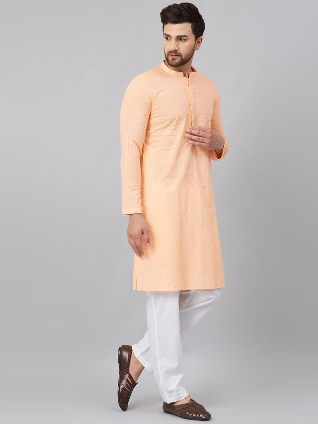Buy Men's Peach Cotton Chikankari Embroidered Straight Kurta Online