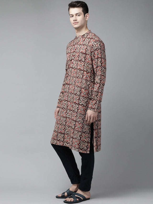 Buy Men's Maroon Cotton Kalamkari Block Printed Straight Kurta Online - Front