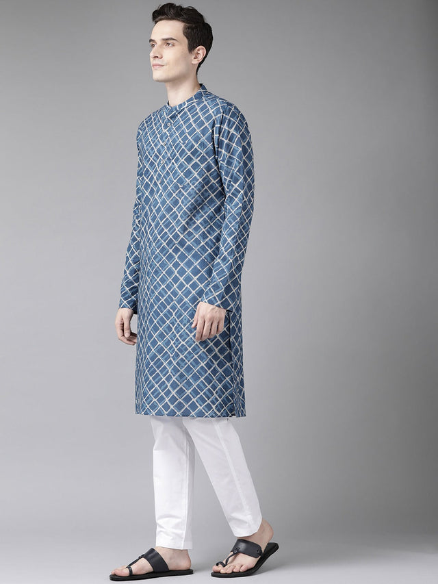 Buy Men's Blue Cotton Printed Straight Kurta Online - Front