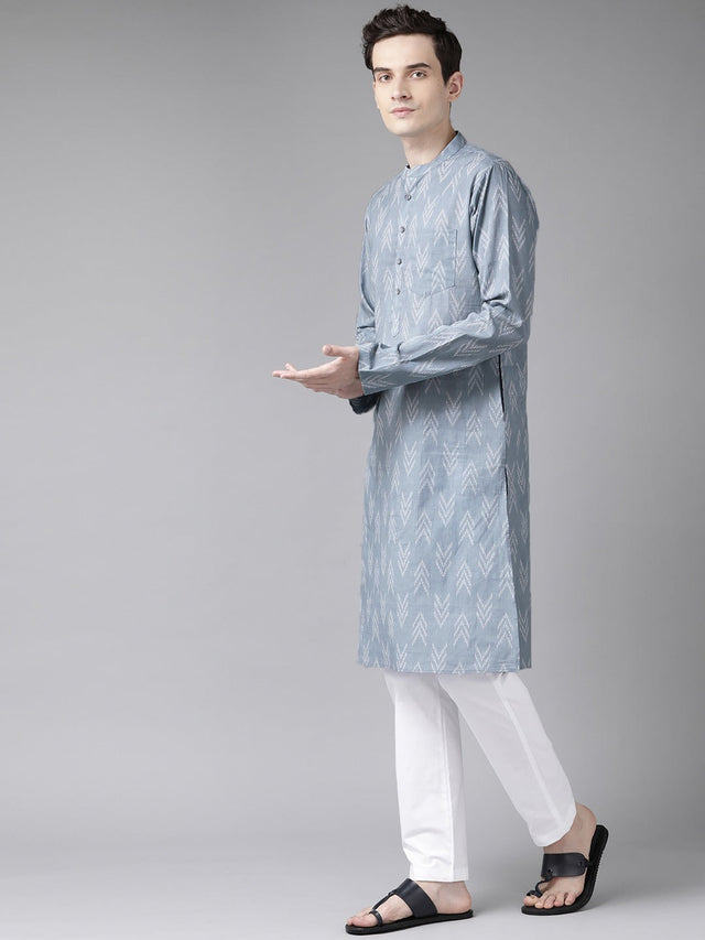 Buy Men's Grey Cotton Abstract Print Straight Kurta Online - Front