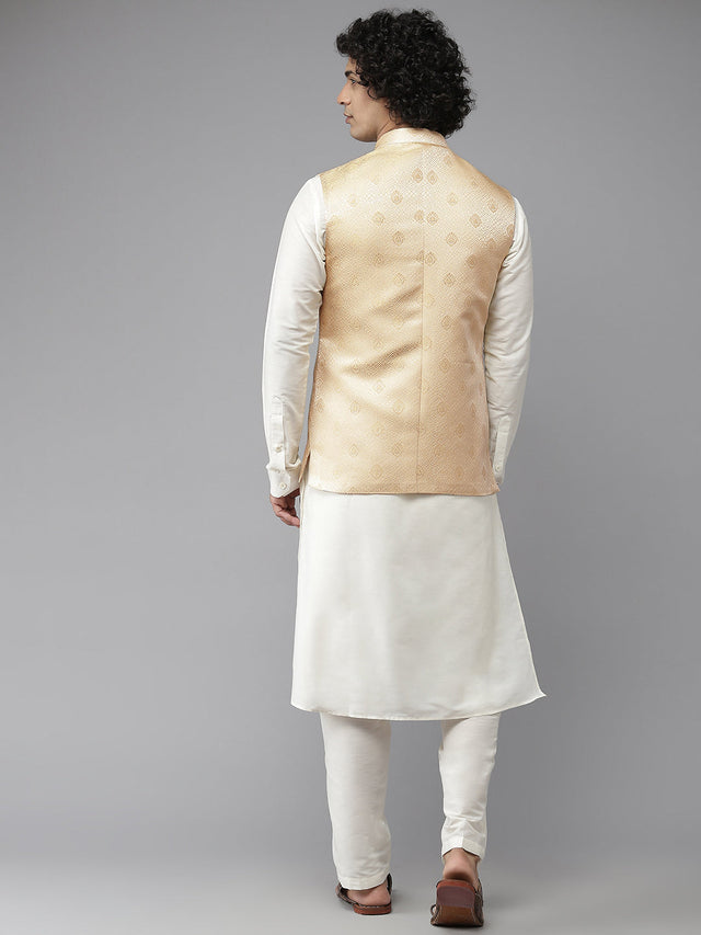 Buy Men's Gold Art Silk Jacquard Woven Design Nehru Jacket Online - Back