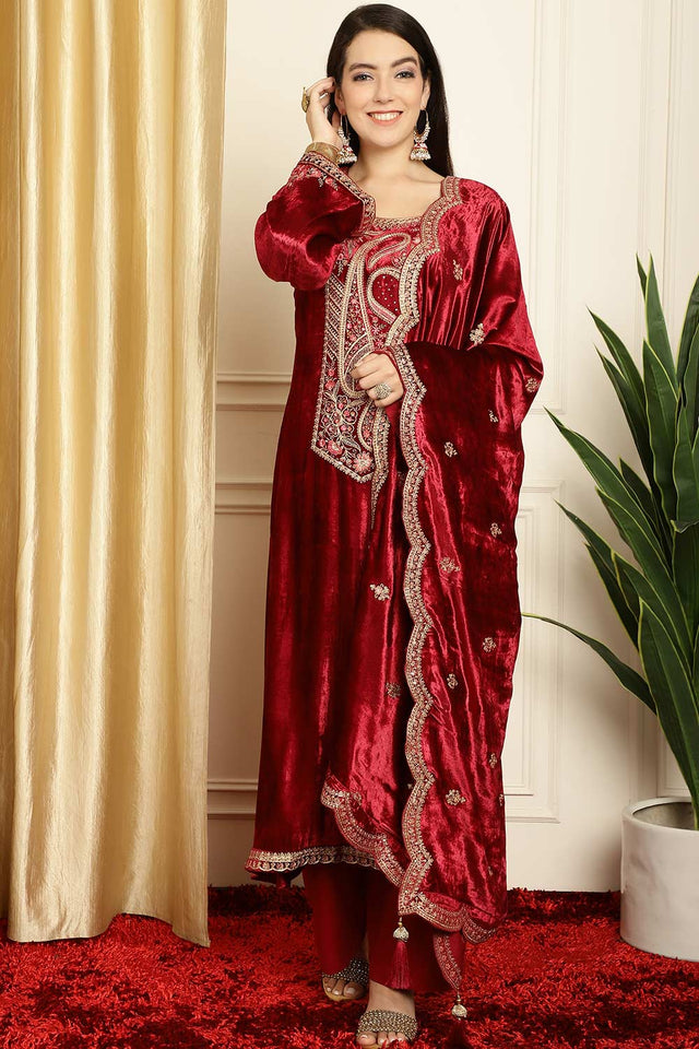Maroon Velvet Embroidered Straight Cut Suit Set