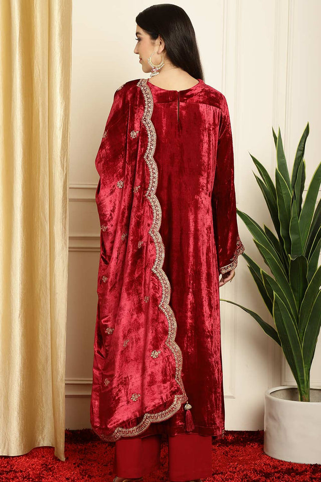 Maroon Velvet Embroidered Straight Cut Suit Set