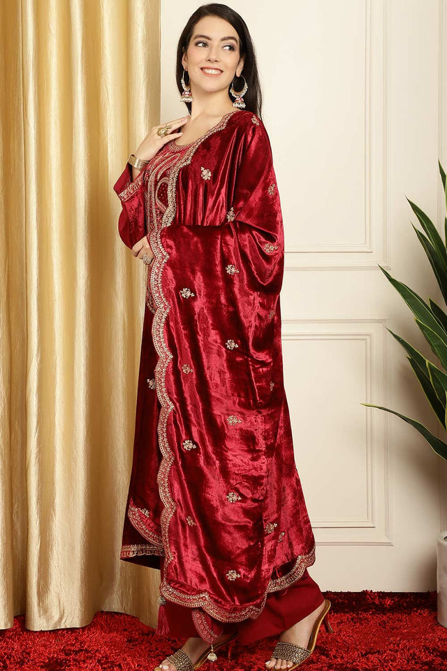 Maroon Velvet Embroidered Straight Cut Suit Set