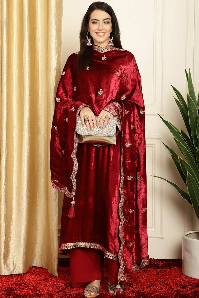 Maroon Velvet Embroidered Straight Cut Suit Set
