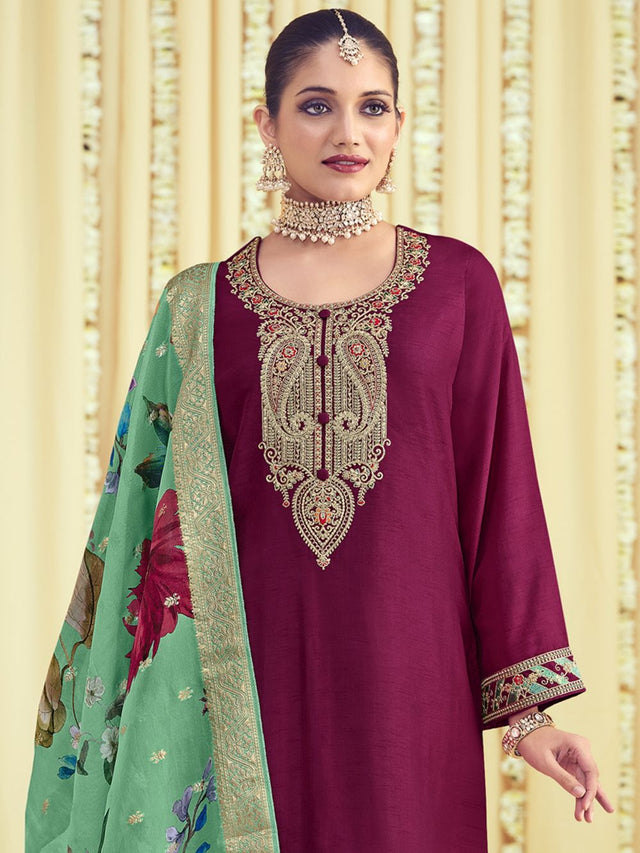 Magenta Raw Silk Embroidered Dress Material