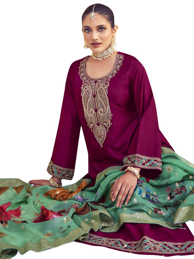 Magenta Raw Silk Embroidered Dress Material