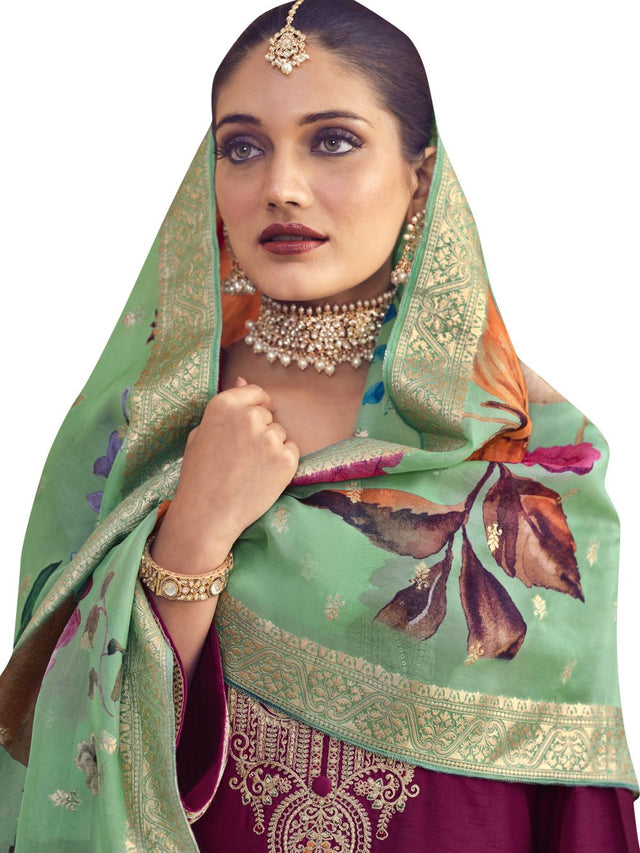 Magenta Raw Silk Embroidered Dress Material