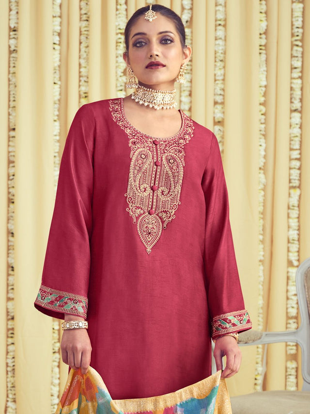 Coral Raw Silk Embroidered Dress Material