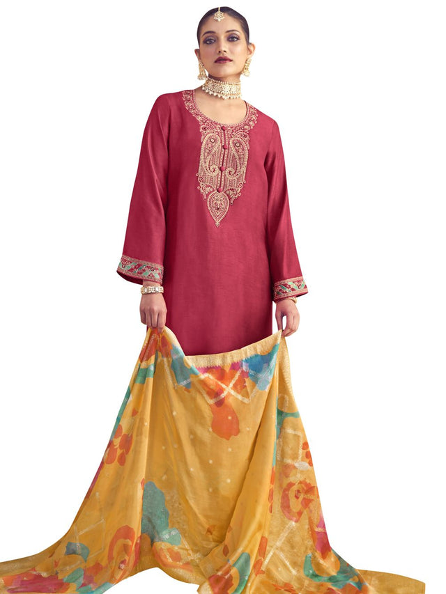 Coral Raw Silk Embroidered Dress Material