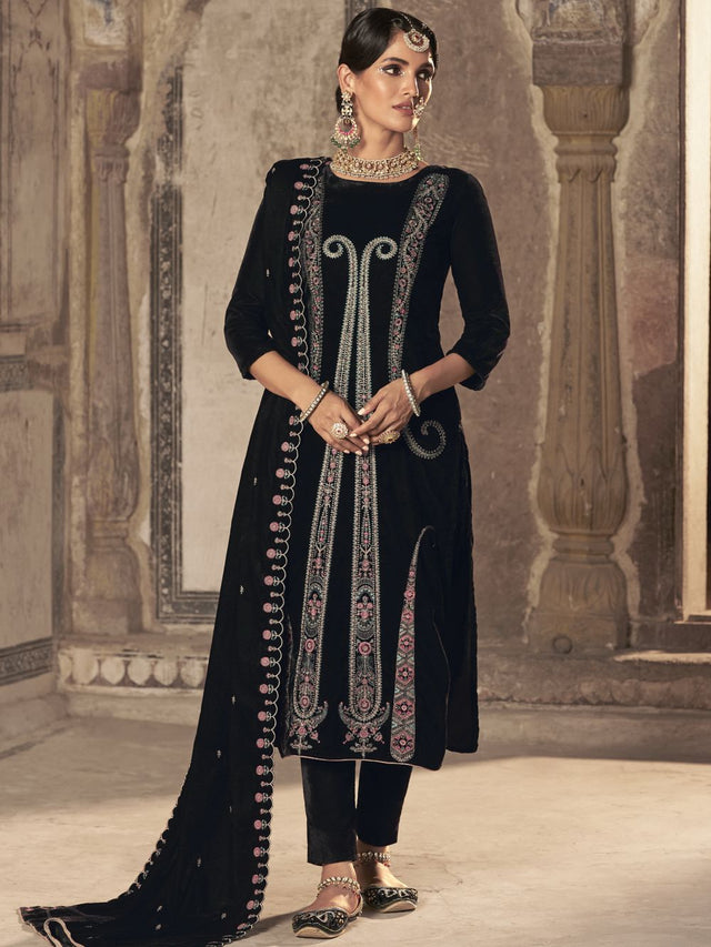 Black Velvet Embroidered Straight Cut Suits