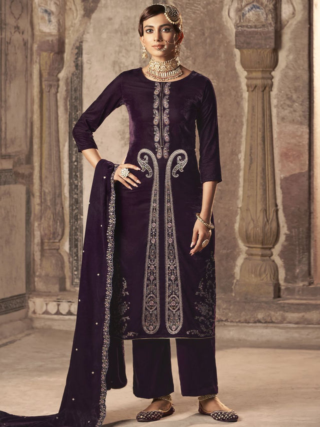 Wine Velvet Embroidered Straight Cut Suits