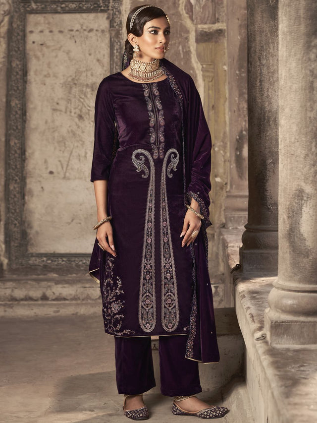 Wine Velvet Embroidered Straight Cut Suits
