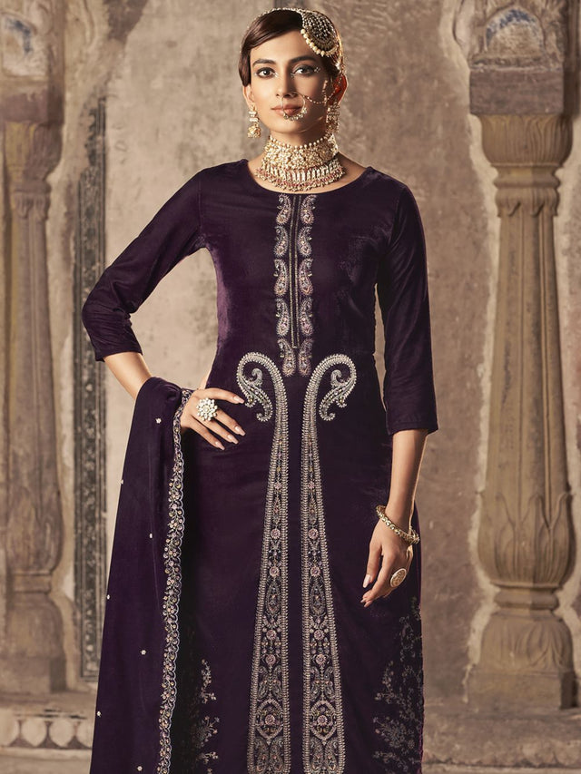 Wine Velvet Embroidered Straight Cut Suits