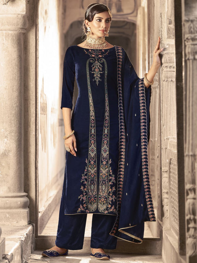 Navy Blue Velvet Embroidered Straight Cut Suits