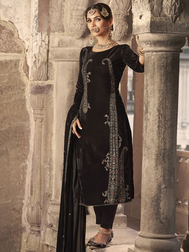 Brown Velvet Embroidered Straight Cut Suits
