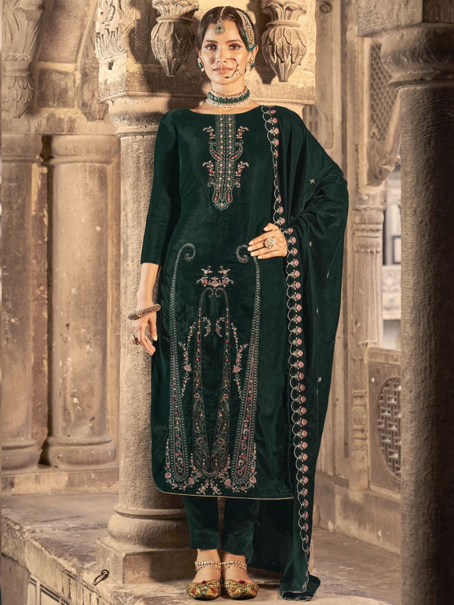 Green Velvet Embroidered Straight Cut Suits