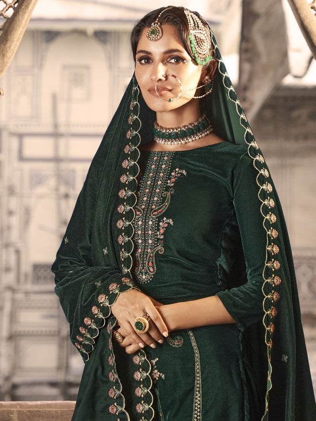 Green Velvet Embroidered Straight Cut Suits
