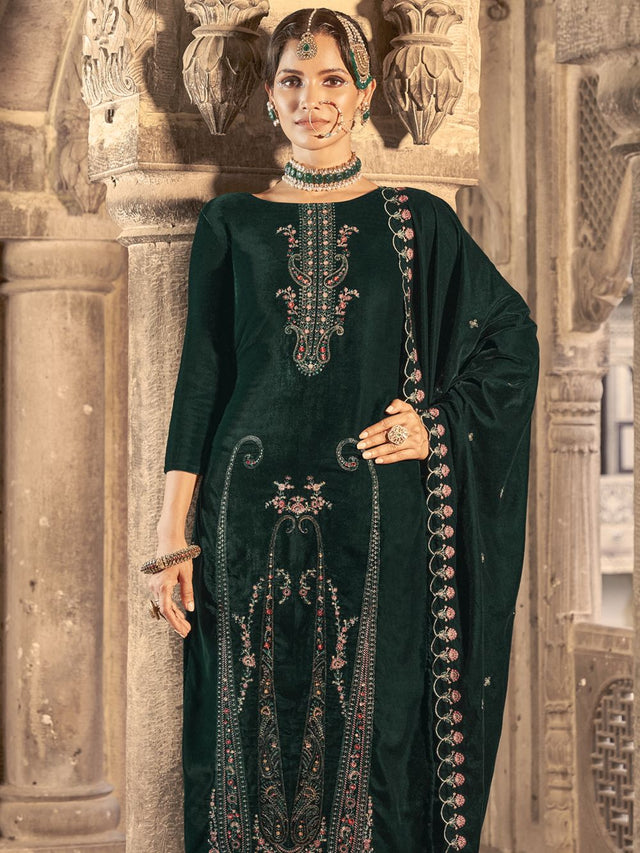 Green Velvet Embroidered Straight Cut Suits