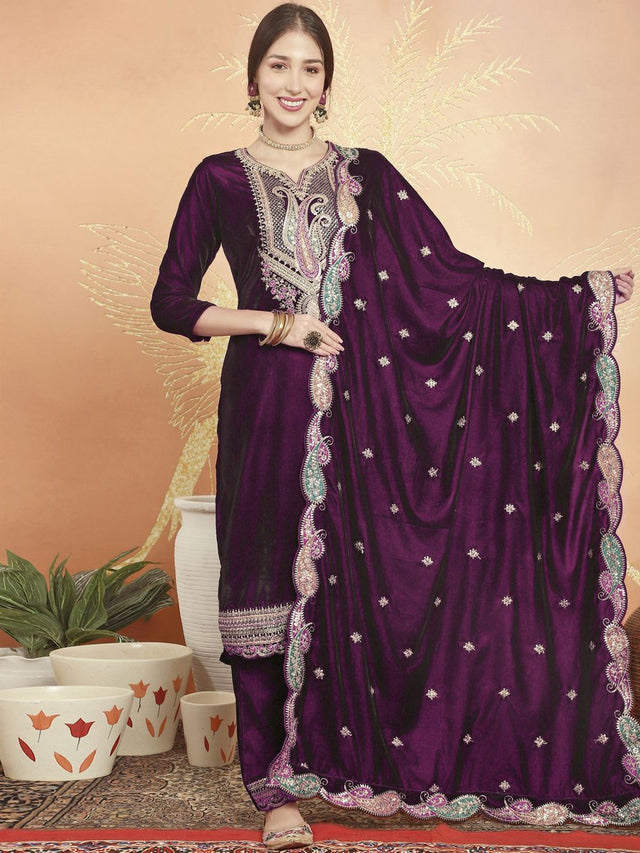 Wine Velvet Embroidered Straight Cut Suits