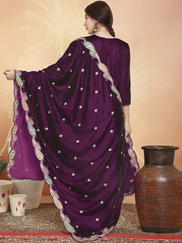 Wine Velvet Embroidered Straight Cut Suits